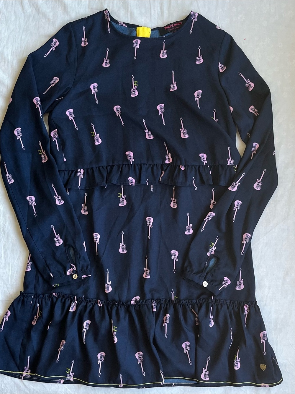 navy blue dress with pink guitar print